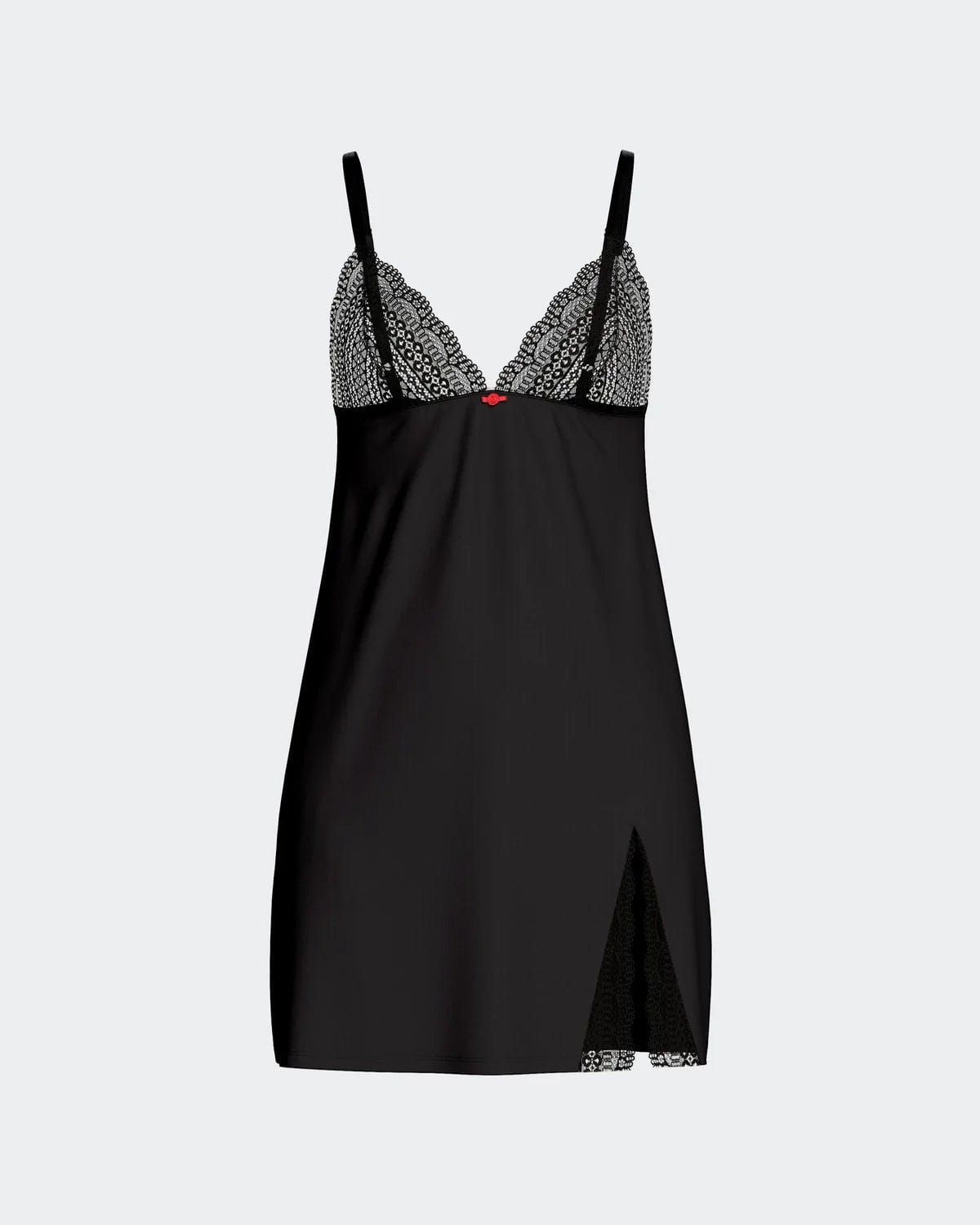 Maison Sarava black Lyocell babydoll nightdress with lace trim on bust and hem, and a red bow detail.