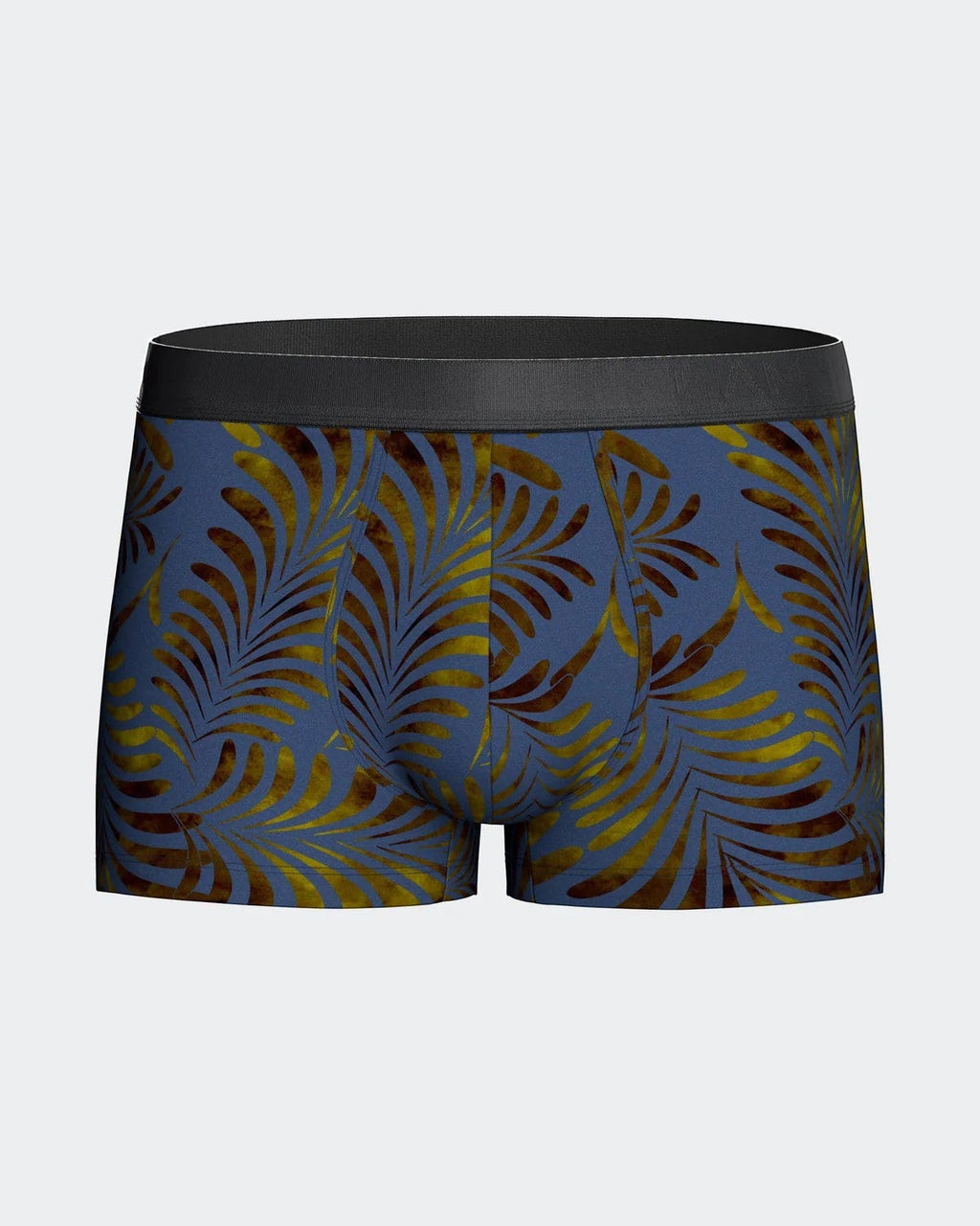 Maison Sarava men's blue boxer briefs with a tropical leaf print in gold and brown, made from TENCEL Lyocell.