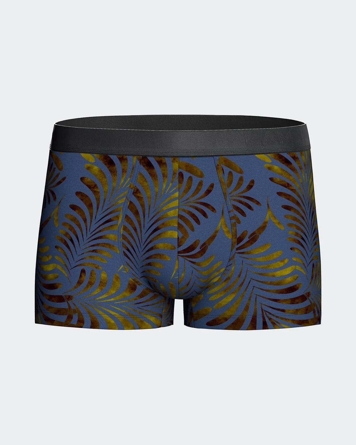 Maison Sarava men's blue boxer briefs with a tropical leaf print in gold and brown, made from TENCEL Lyocell.