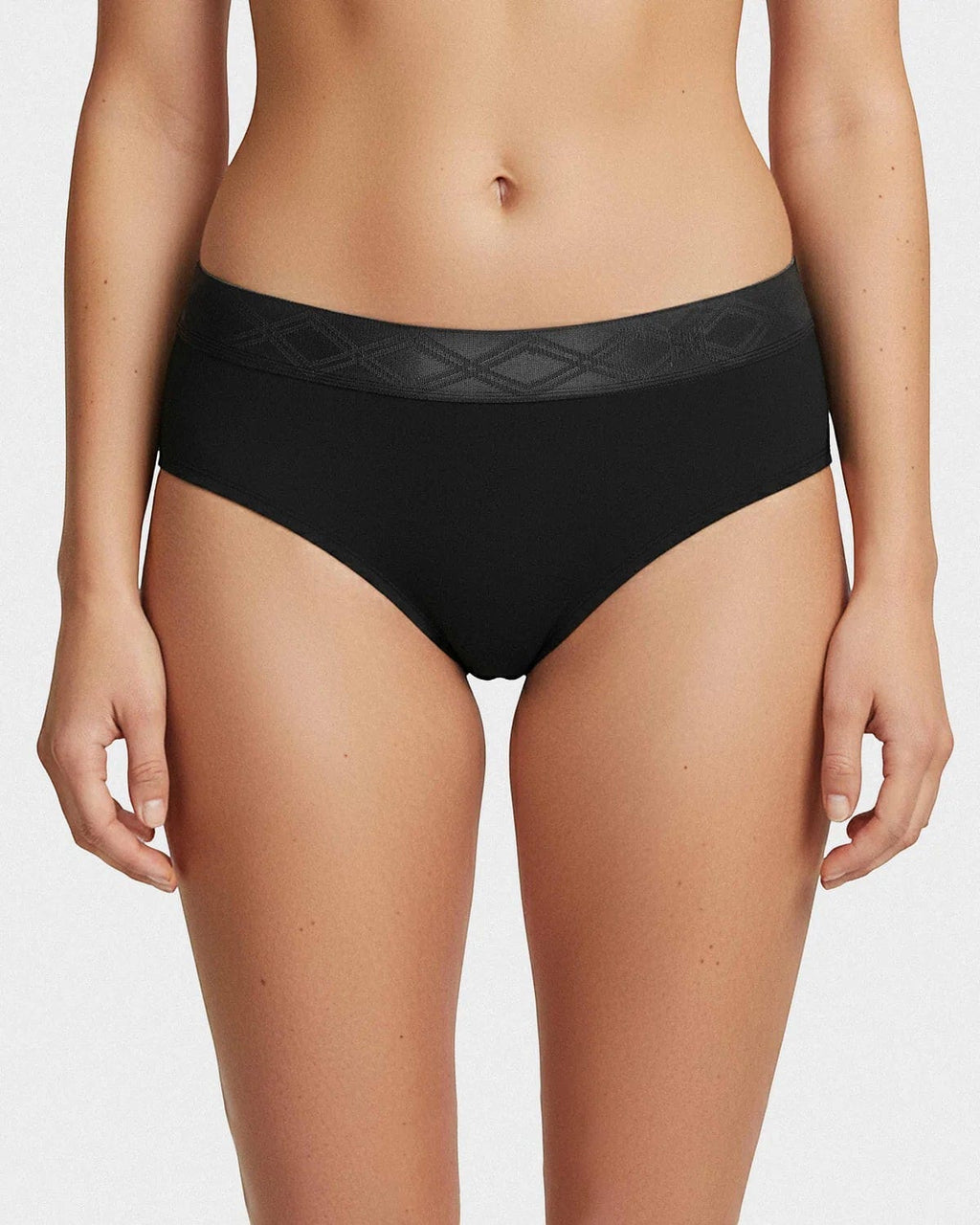 Maison Sarava black TENCEL™ Lyocell briefs with a satin elasticated waistband featuring a subtle diamond pattern.