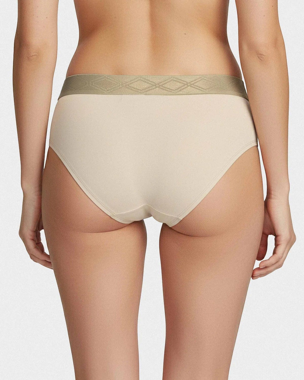 Maison Sarava women's beige briefs in Lyocell with a satin elasticated waistband featuring a diamond pattern.