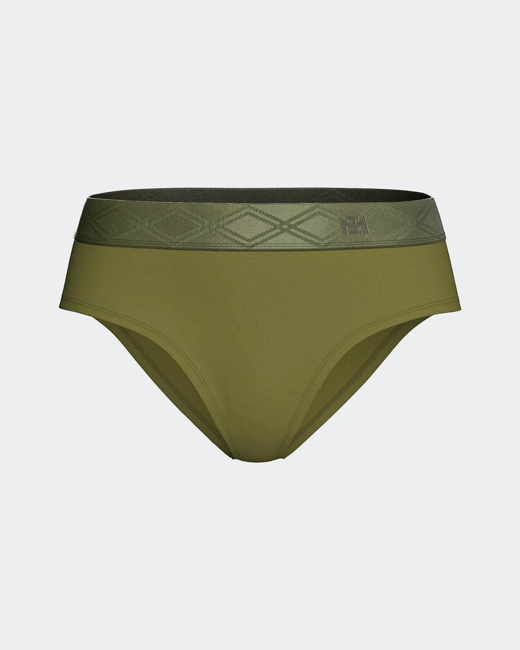Maison Sarava women's olive green briefs made from TENCEL Lyocell with a patterned satin elasticated waistband.