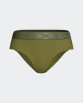 Maison Sarava women's olive green briefs made from TENCEL Lyocell with a patterned satin elasticated waistband.