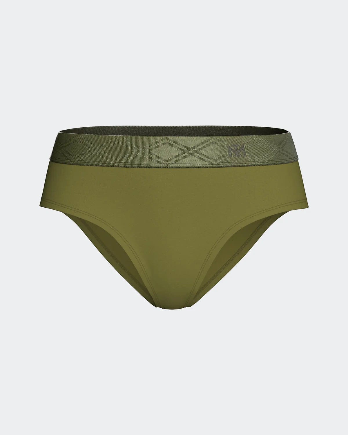 Maison Sarava women's olive green briefs made from TENCEL Lyocell with a patterned satin elasticated waistband.