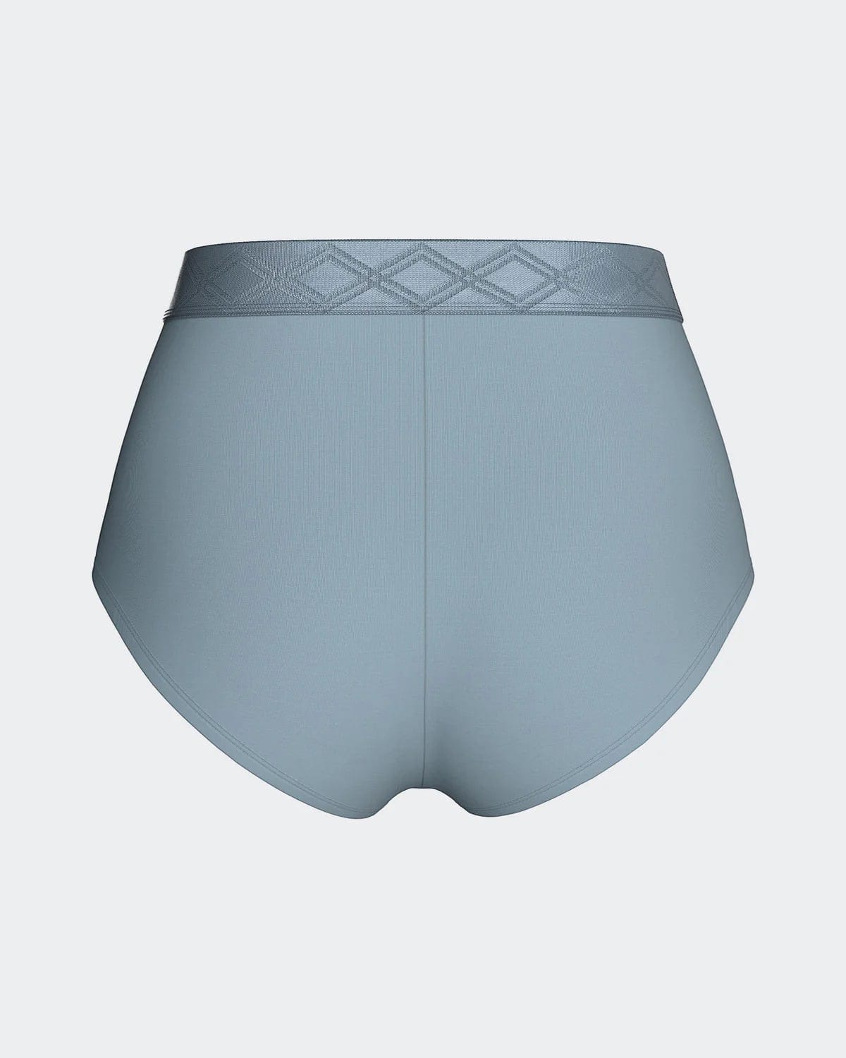Maison Sarava light blue high-waisted briefs in TENCEL™ Lyocell with satin elastic waistband featuring a diamond pattern.