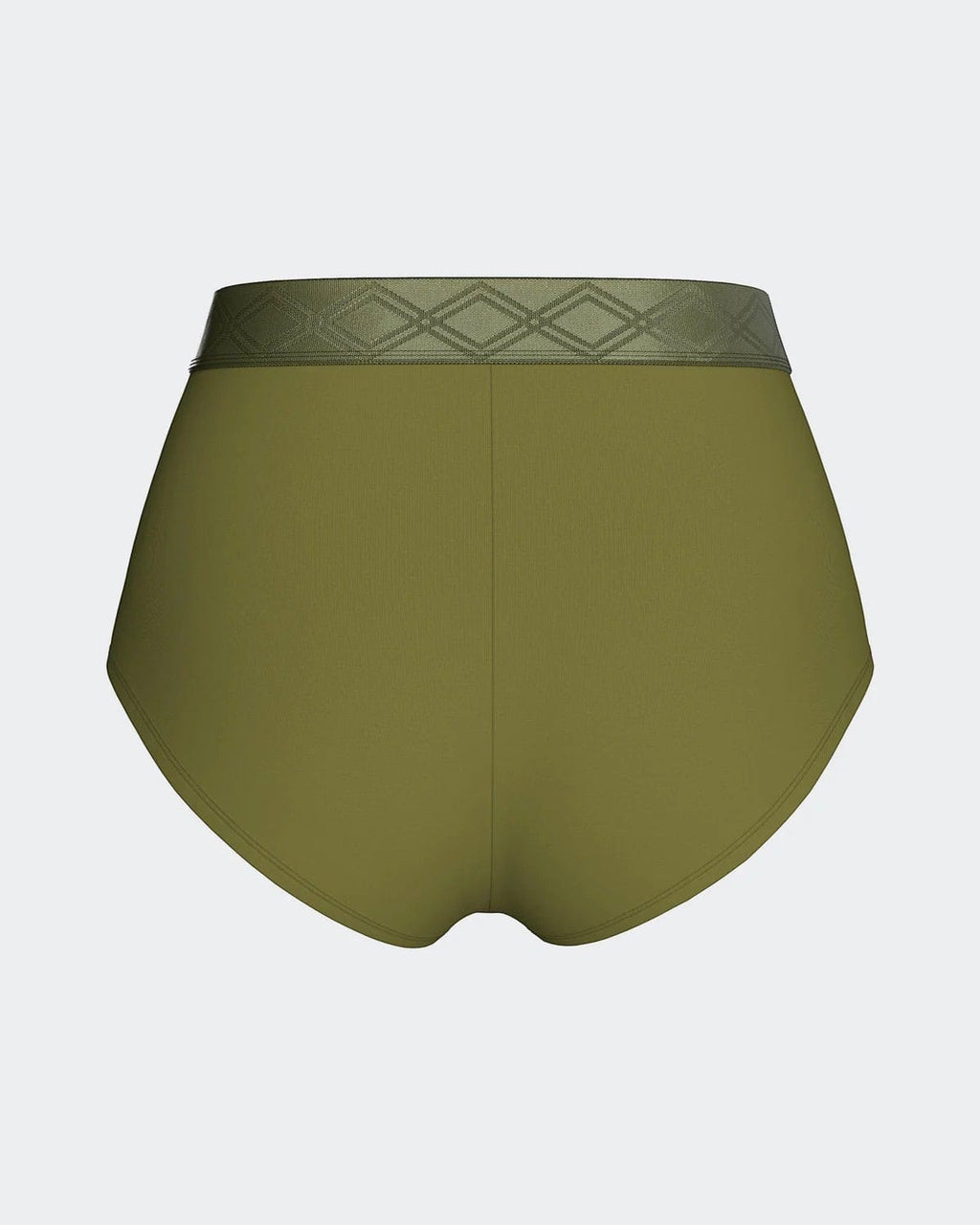 Maison Sarava women's high-waisted briefs in olive green Lyocell with a decorative satin elastic waistband.
