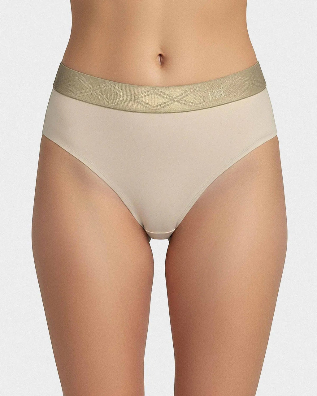 Maison Sarava women's beige thong in Lyocell with a gold satin elasticated waistband featuring a diamond pattern.