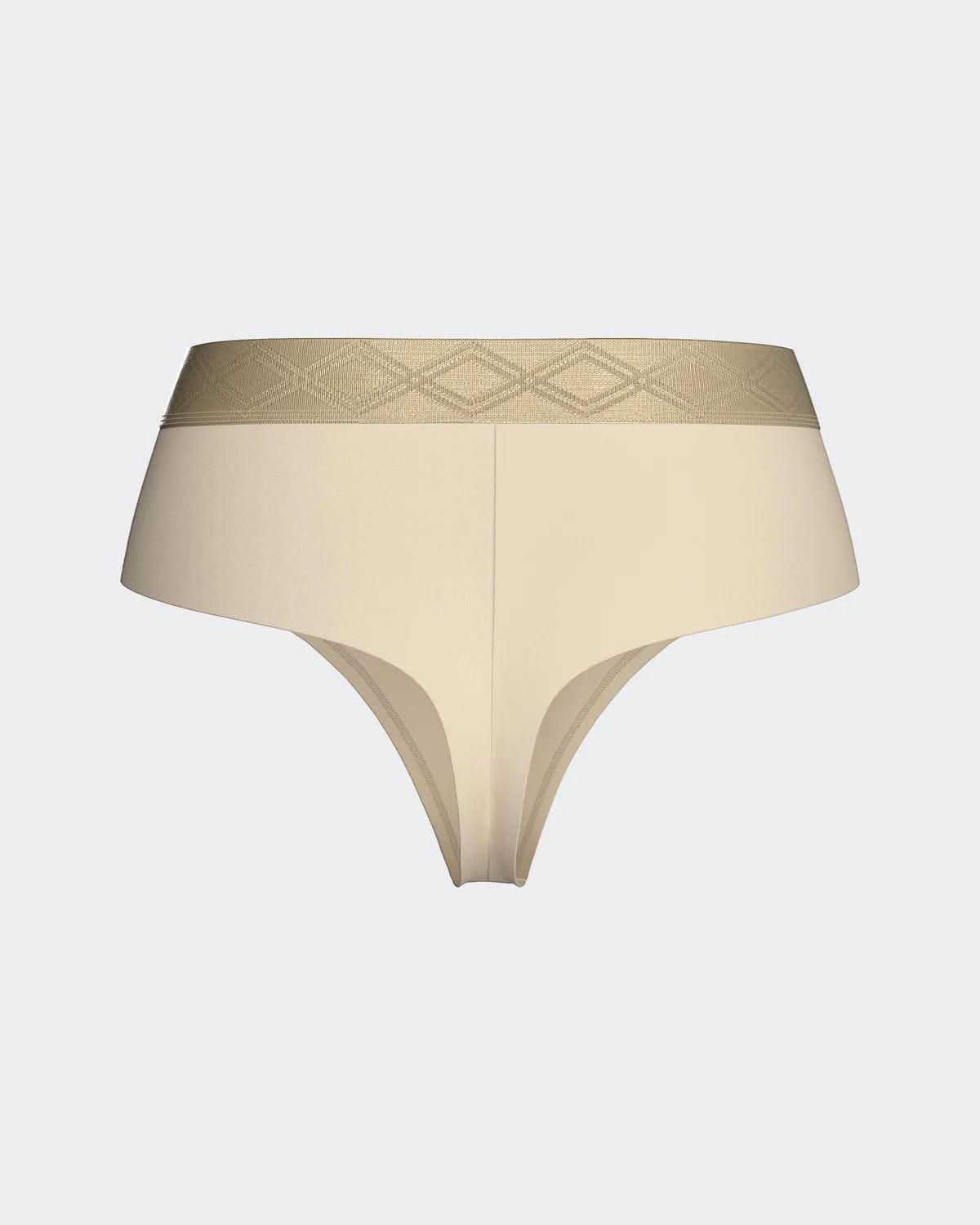 Maison Sarava women's beige thong underwear made from Lyocell with a satin elasticated waistband featuring a diamond pattern.