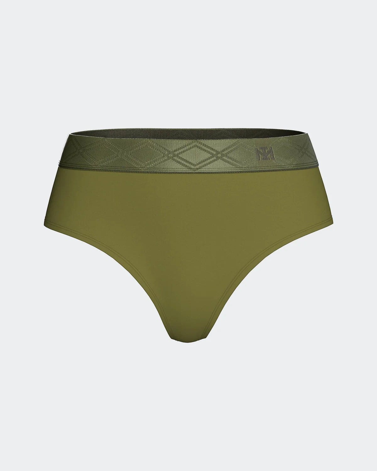 Maison Sarava women's olive green thong made from TENCEL™ Lyocell with a satin elasticated waistband featuring a diamond pattern.
