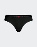 Maison Sarava black Lyocell thong with lace trim and red bow detail. Lightweight, breathable, moisture-wicking.