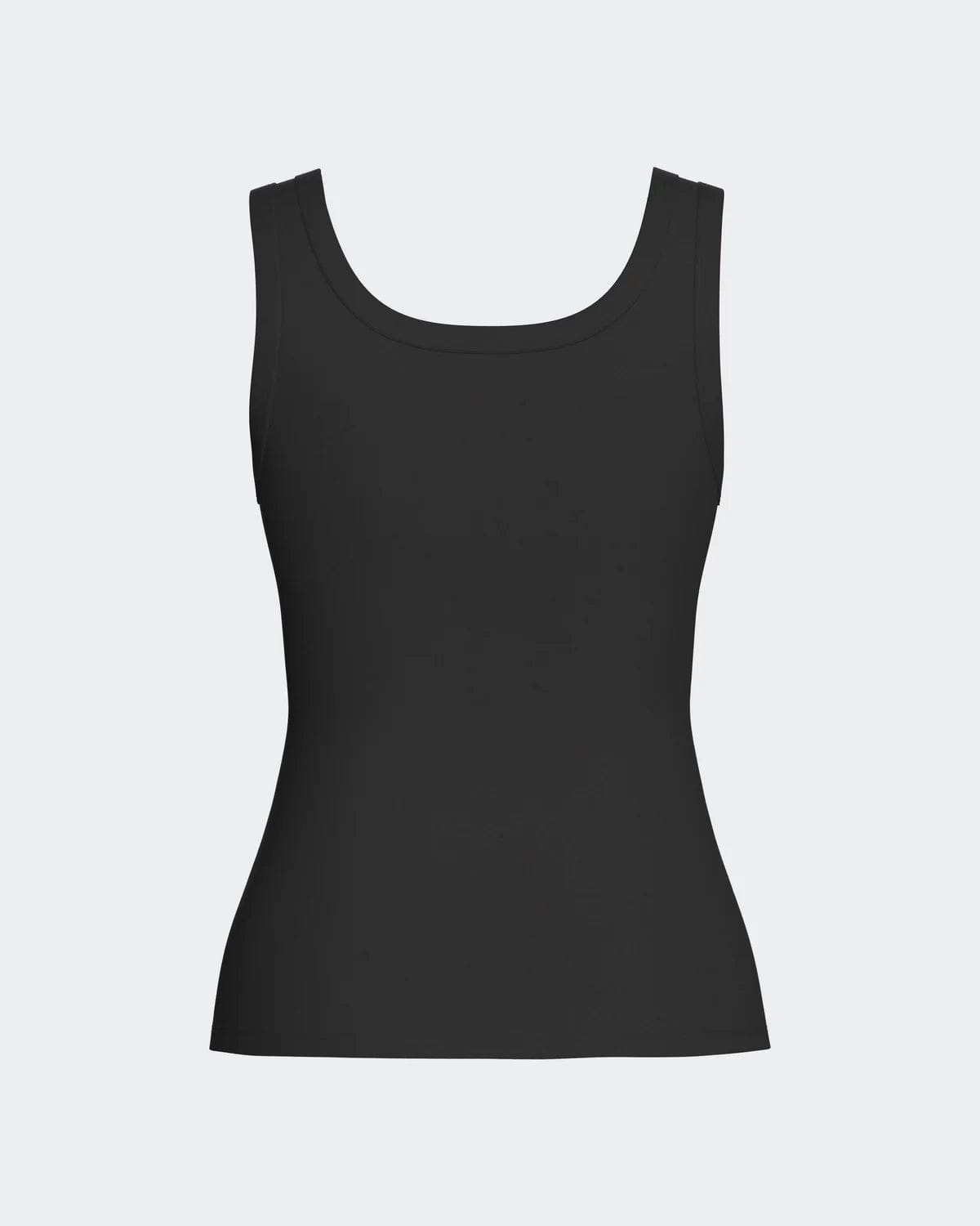 Maison Sarava black lyocell tank top with wide straps and discreet ribbed logo detail. Sustainable and breathable.