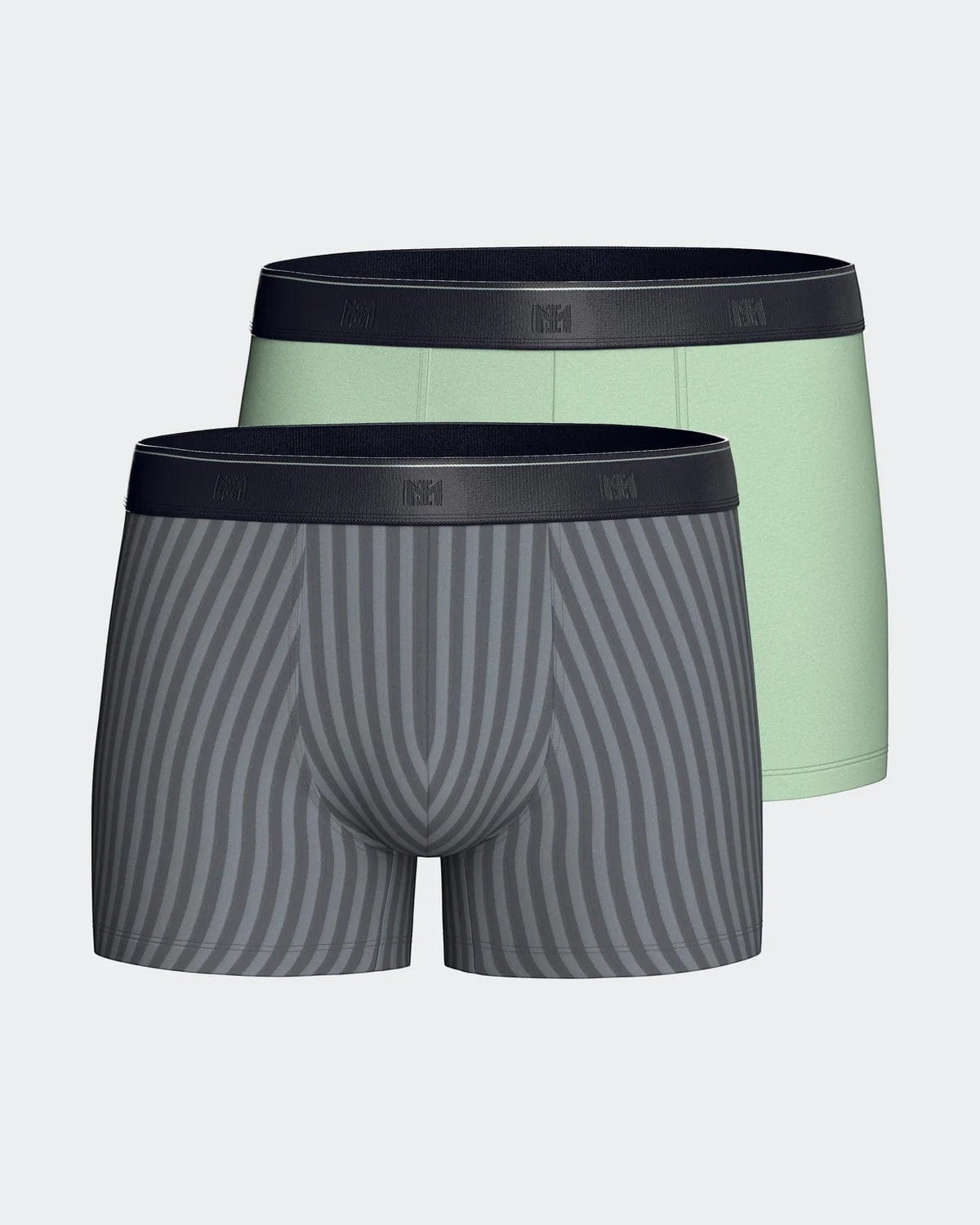 Maison Sarava pack of 2 men's boxers: one grey striped and one light green, made from cotton and TENCEL™ Modal with elasticated waistband.