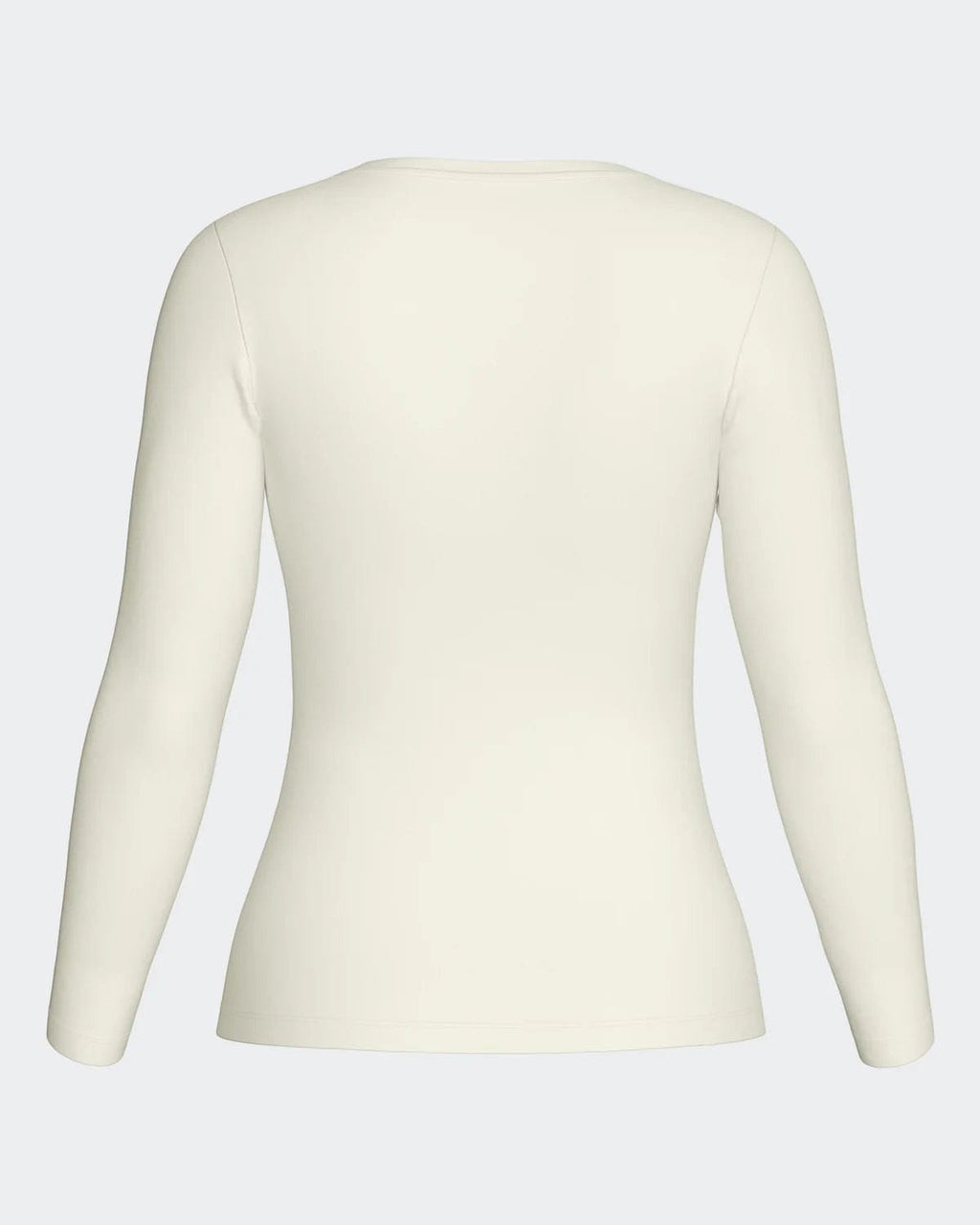 Maison Sarava women's cream long-sleeve crew neck top in Lyocell and Merino wool, back view.