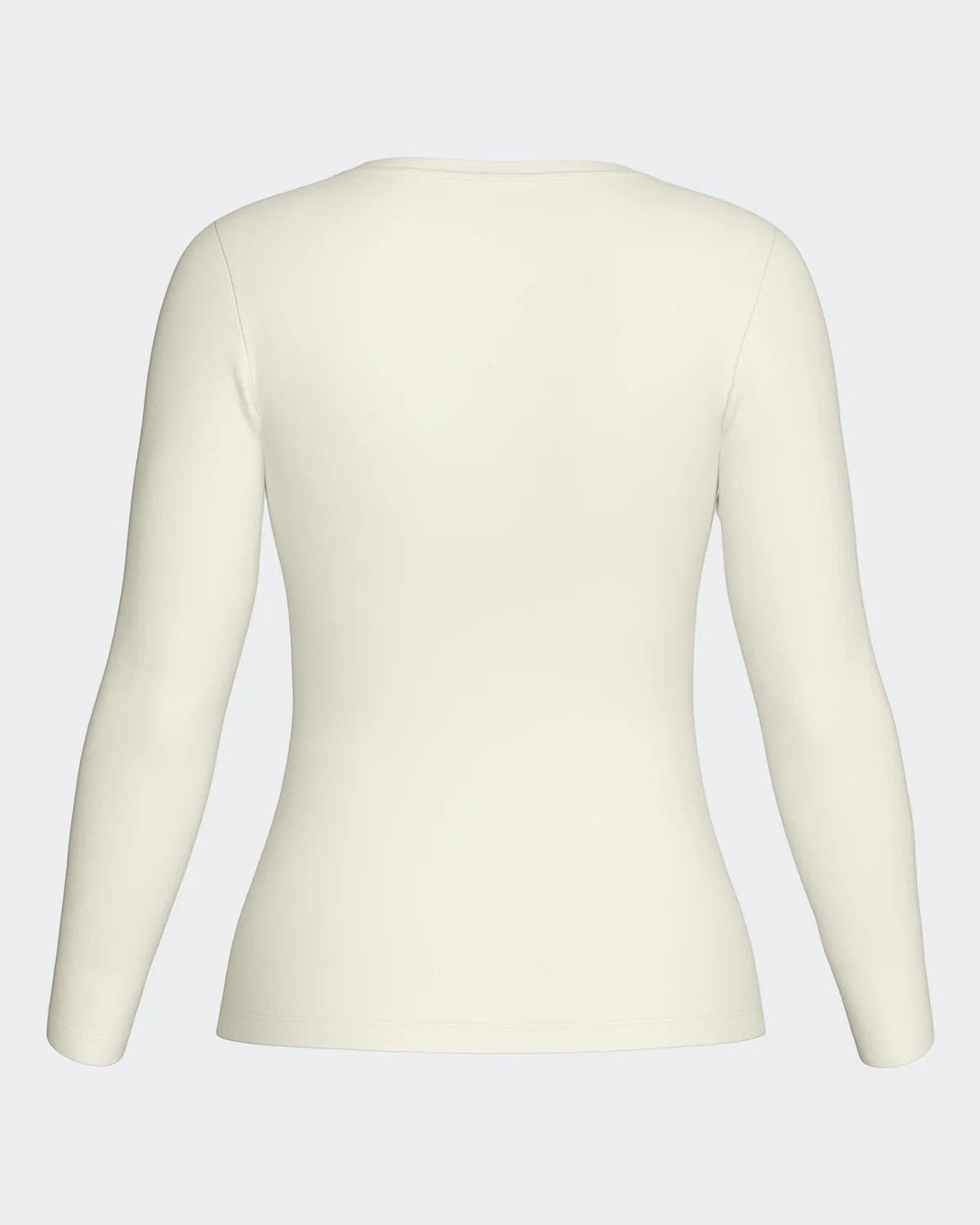Maison Sarava women's cream long-sleeve crew neck top in Lyocell and Merino wool, back view.