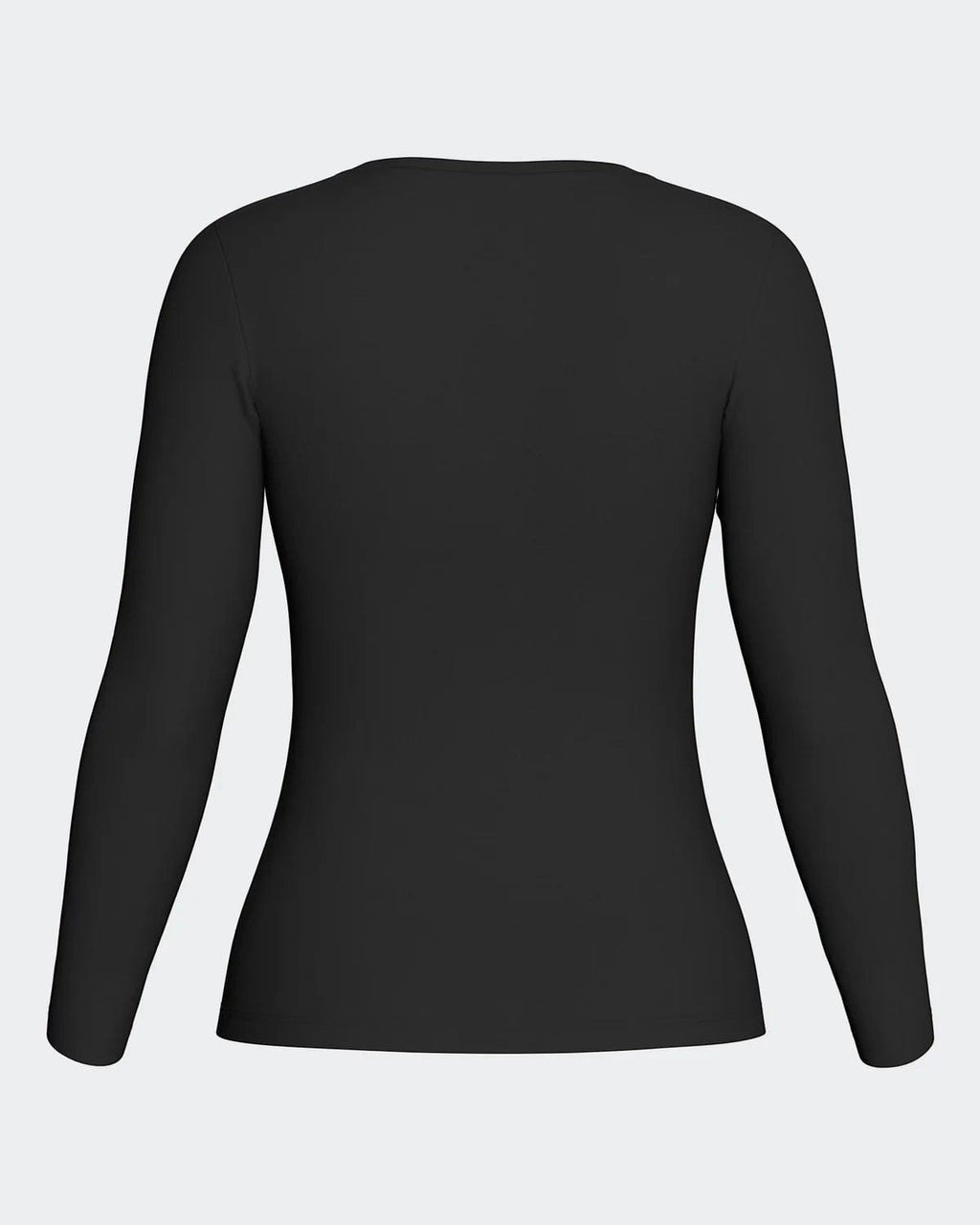 Maison Sarava women's black long-sleeve crew neck top in Lyocell and Merino wool, front view.