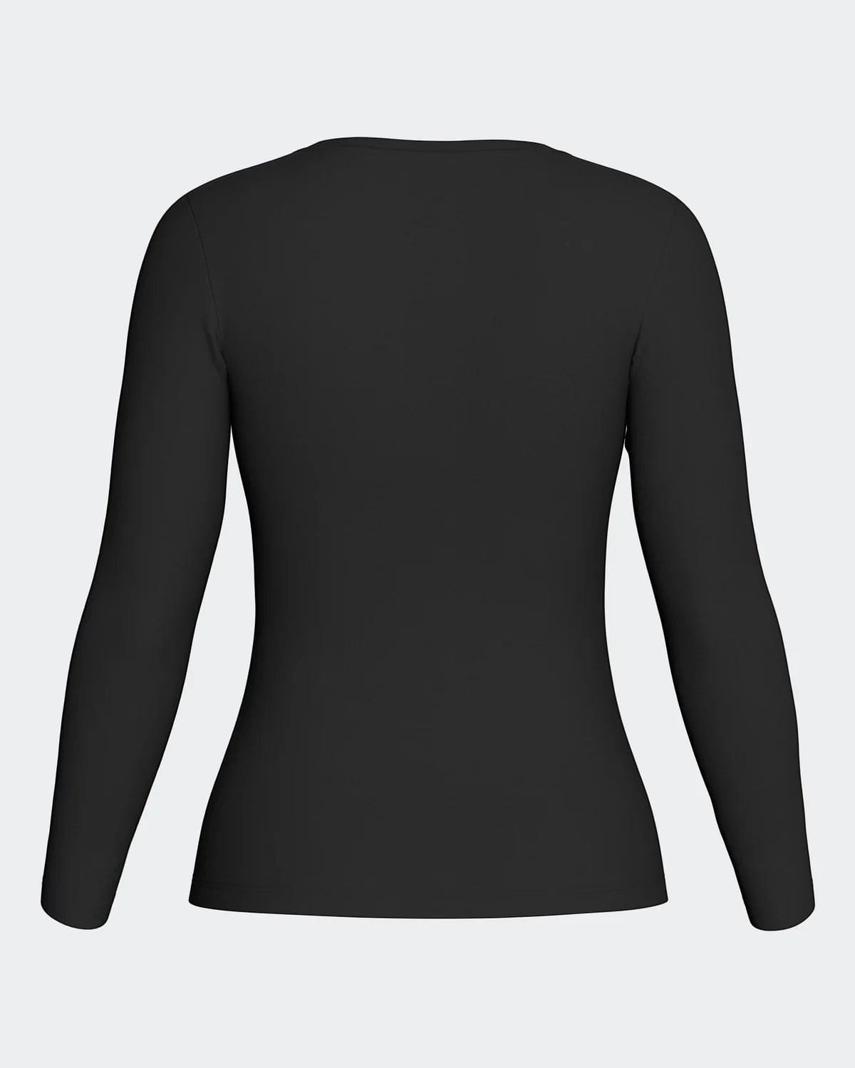 Maison Sarava women's black long-sleeve crew neck top in Lyocell and Merino wool, front view.