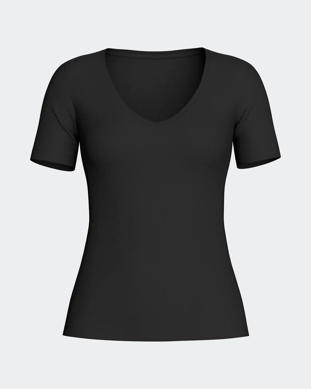Maison Sarava black short sleeve V-neck t-shirt made from premium wool and Lyocell.