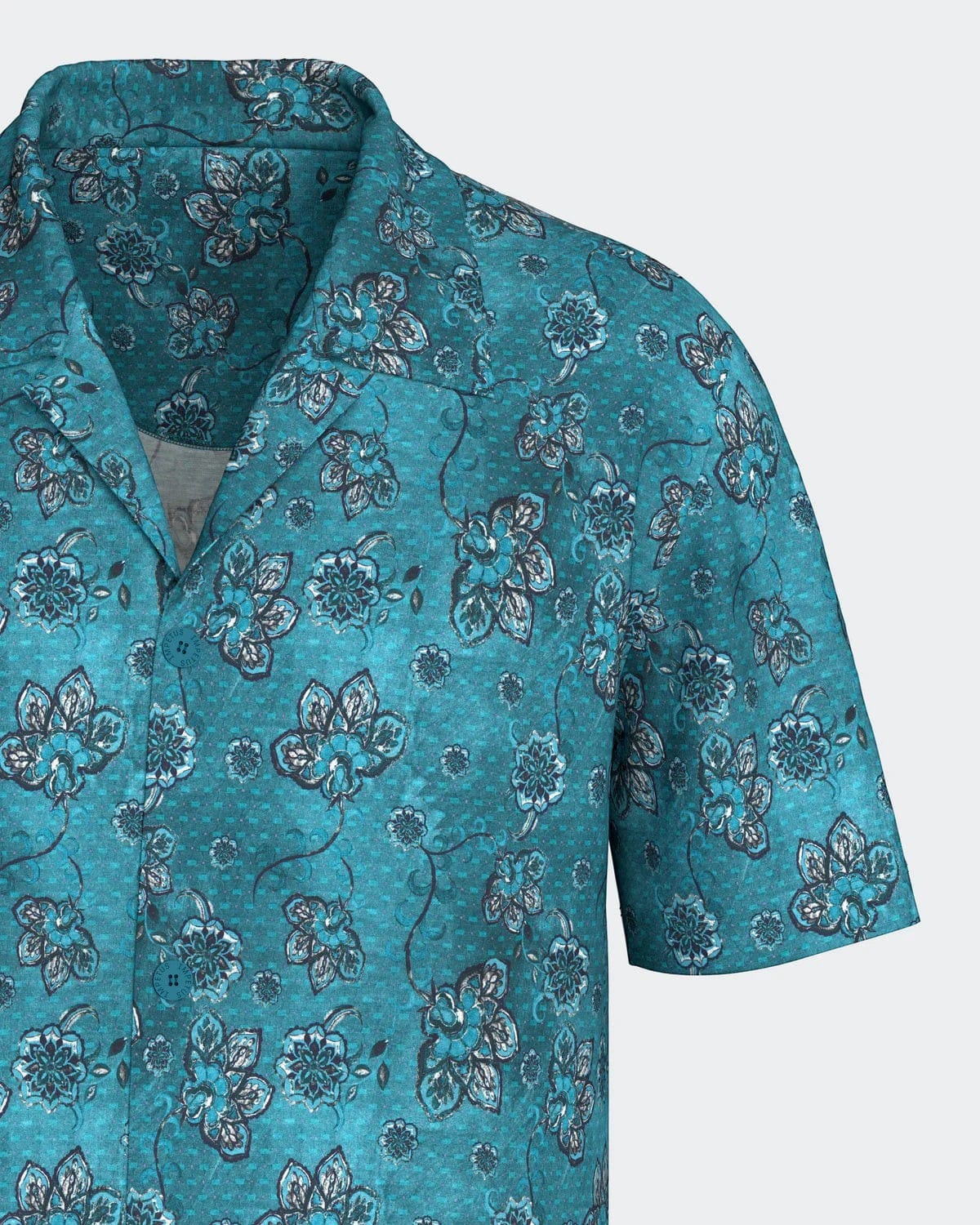 Maison Sarava men's aqua green short-sleeved lounge shirt with lapel collar and floral print. Made from TENCEL™ Lyocell.