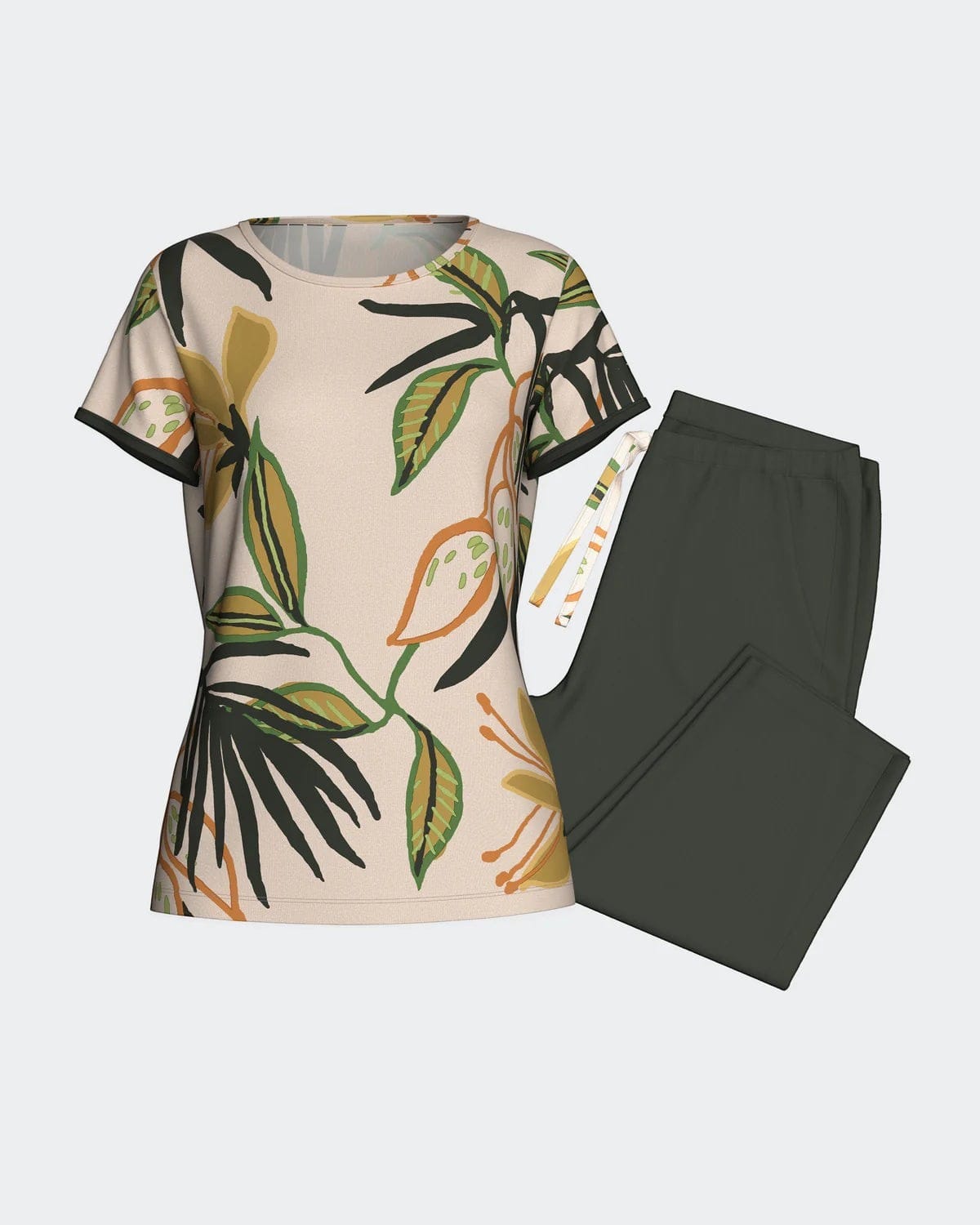 Maison Sarava women's short-sleeved lounge top with tropical print and plain capri trousers in dark green, made from TENCEL Lyocell.