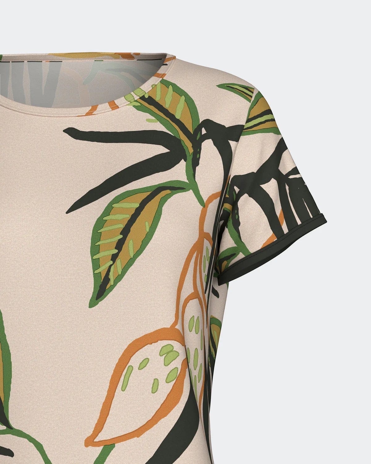 Maison Sarava women's short-sleeved top with a tropical leaf print in beige, green, and orange, made from Lyocell.