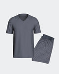 Maison Sarava men's grey lyocell short sleeve V-neck t-shirt and printed shorts loungewear set.