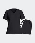 Maison Sarava black lyocell short sleeve V-neck t-shirt and drawstring shorts loungewear set.