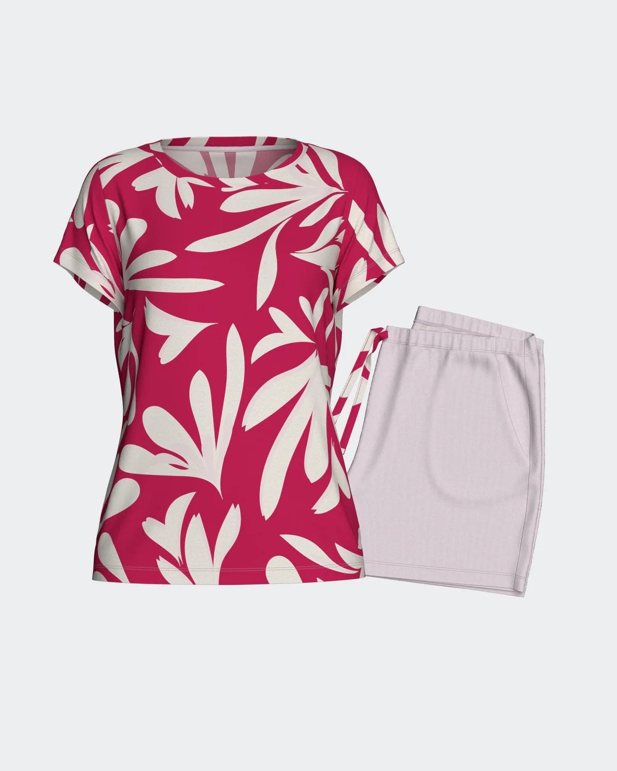 Maison Sarava women's pink and cream floral print lyocell short sleeve lounge set with capri trousers.
