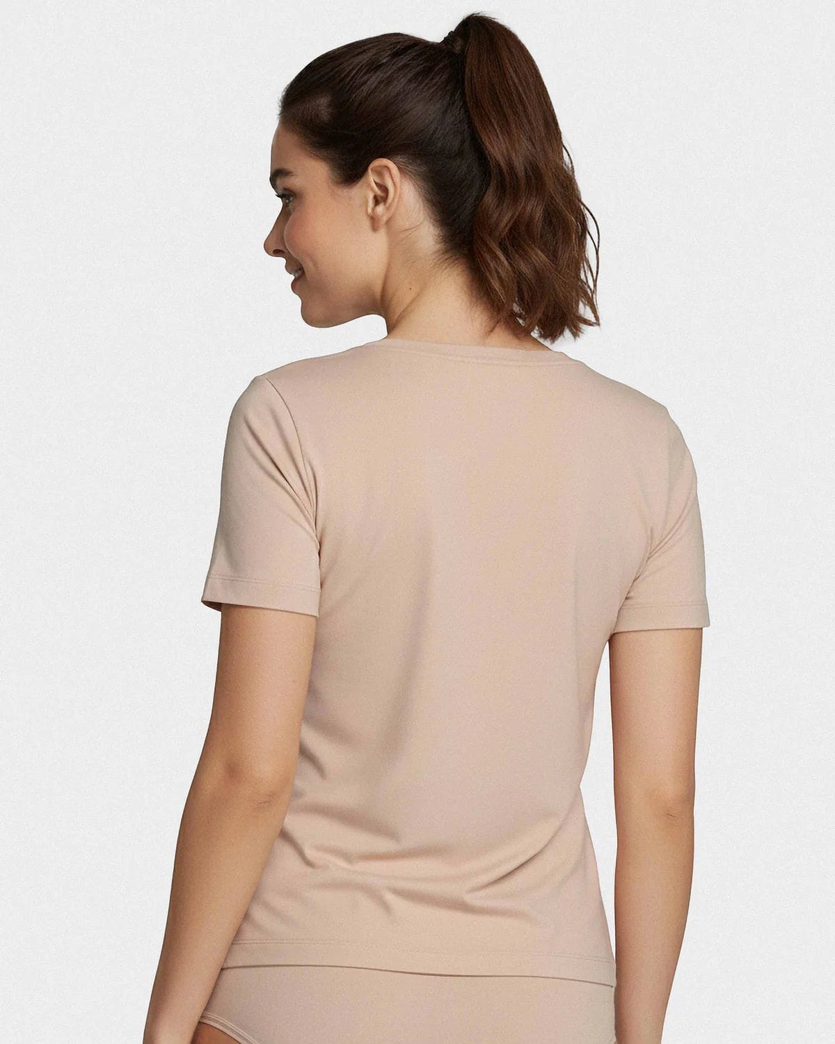 Maison Sarava women's beige V-neck T-shirt made from TENCEL Lyocell, a soft and breathable sustainable fabric.