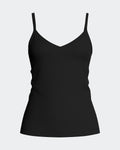 Maison Sarava black V-neck tank top with adjustable straps, made from TENCEL Lyocell.