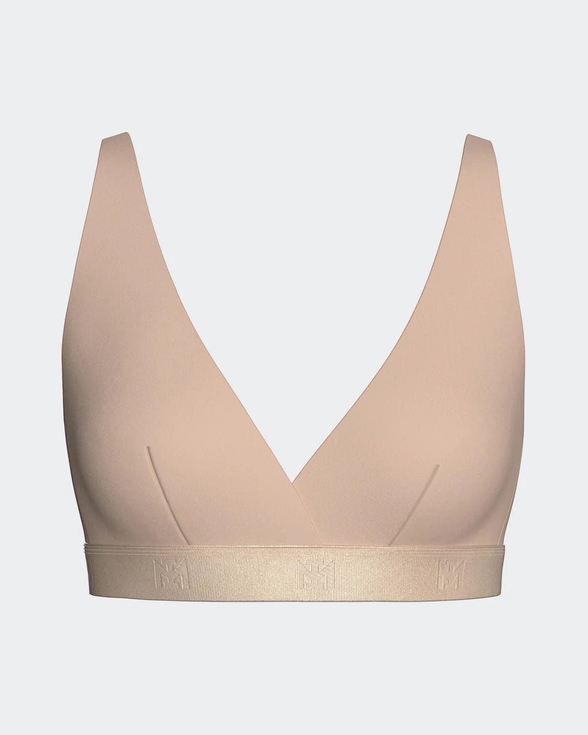 Maison Sarava women's beige triangular Lyocell bra with thin adjustable straps and logo band.