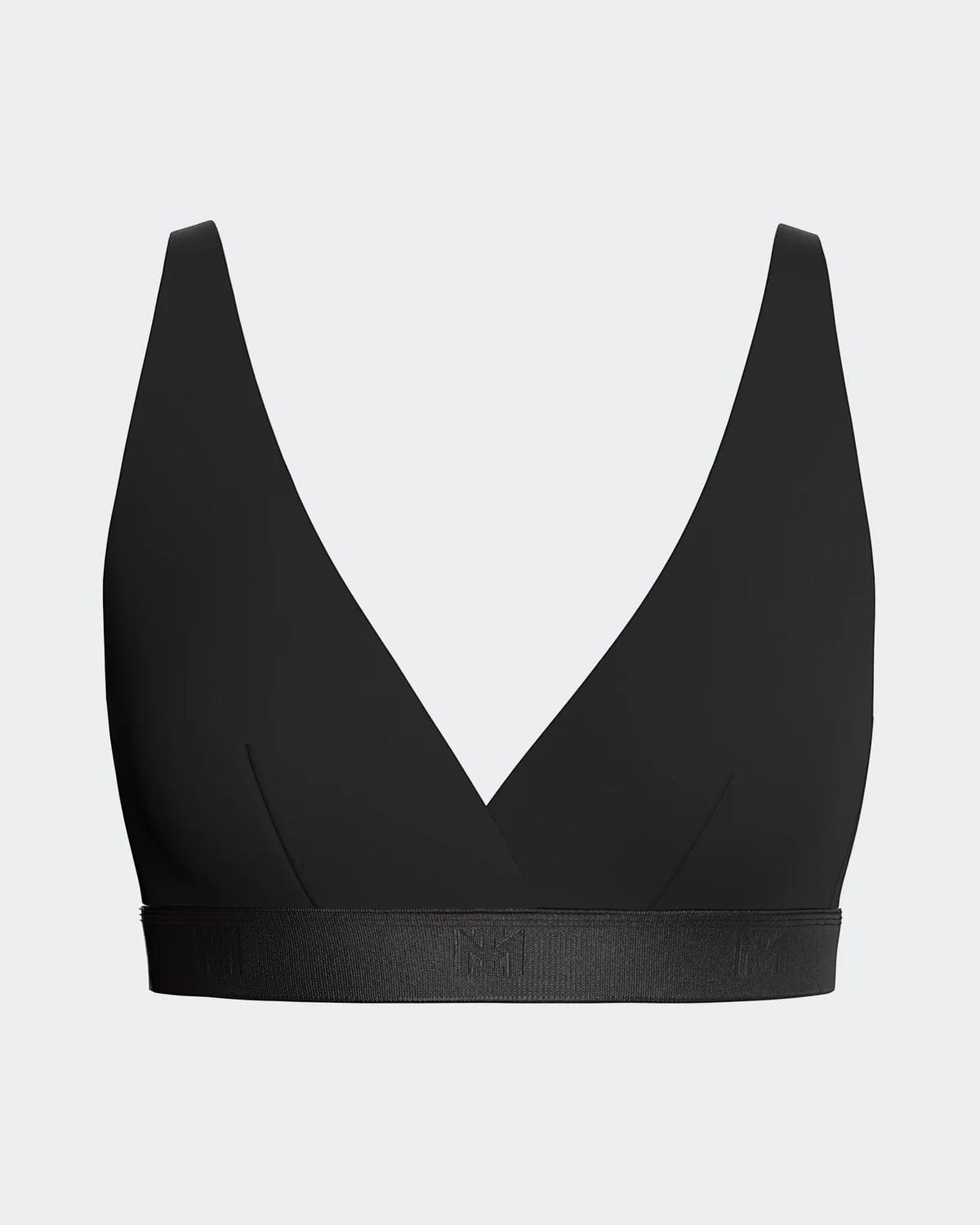 Maison Sarava black Lyocell triangular non-wired bra with thin adjustable straps and branded band.