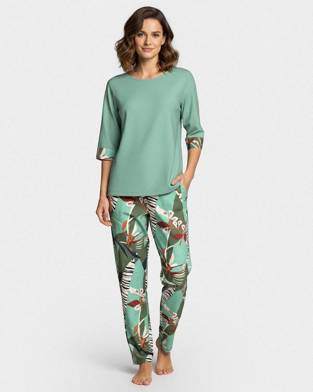 Maison Sarava women's mint green modal lounge set with 3/4 sleeves and tropical print pants.