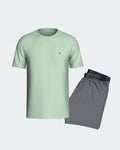 Maison Sarava men's light green modal short sleeve t-shirt with embroidered logo and grey striped shorts with elastic waistband.