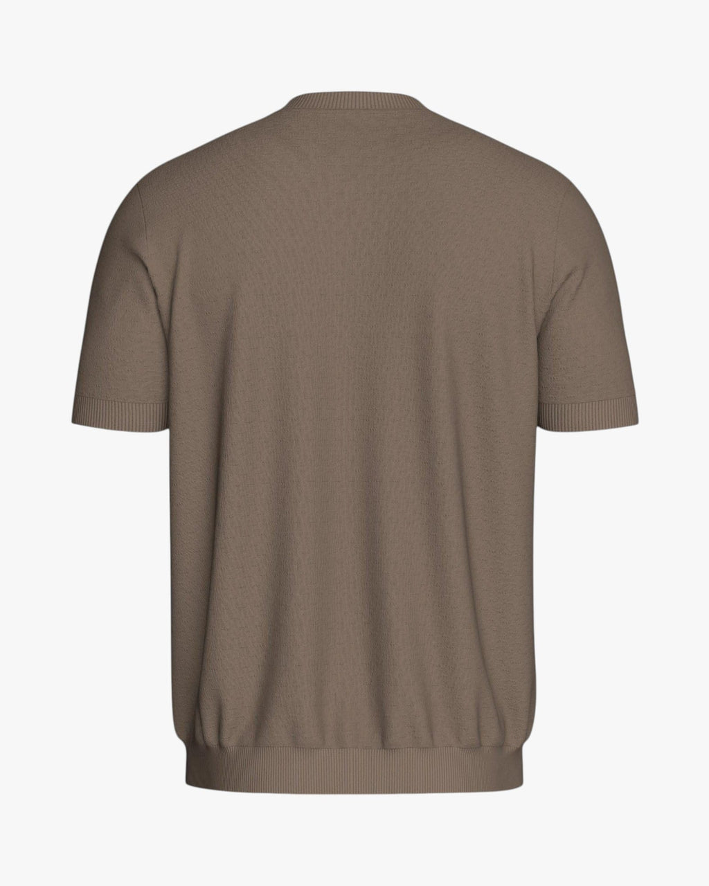 Maison Sarava taupe brown short sleeve knit top in Lyocell with crew neck and fine texture.
