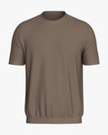 Maison Sarava taupe brown short sleeve knit top in Lyocell with crew neck and fine textured fabric.