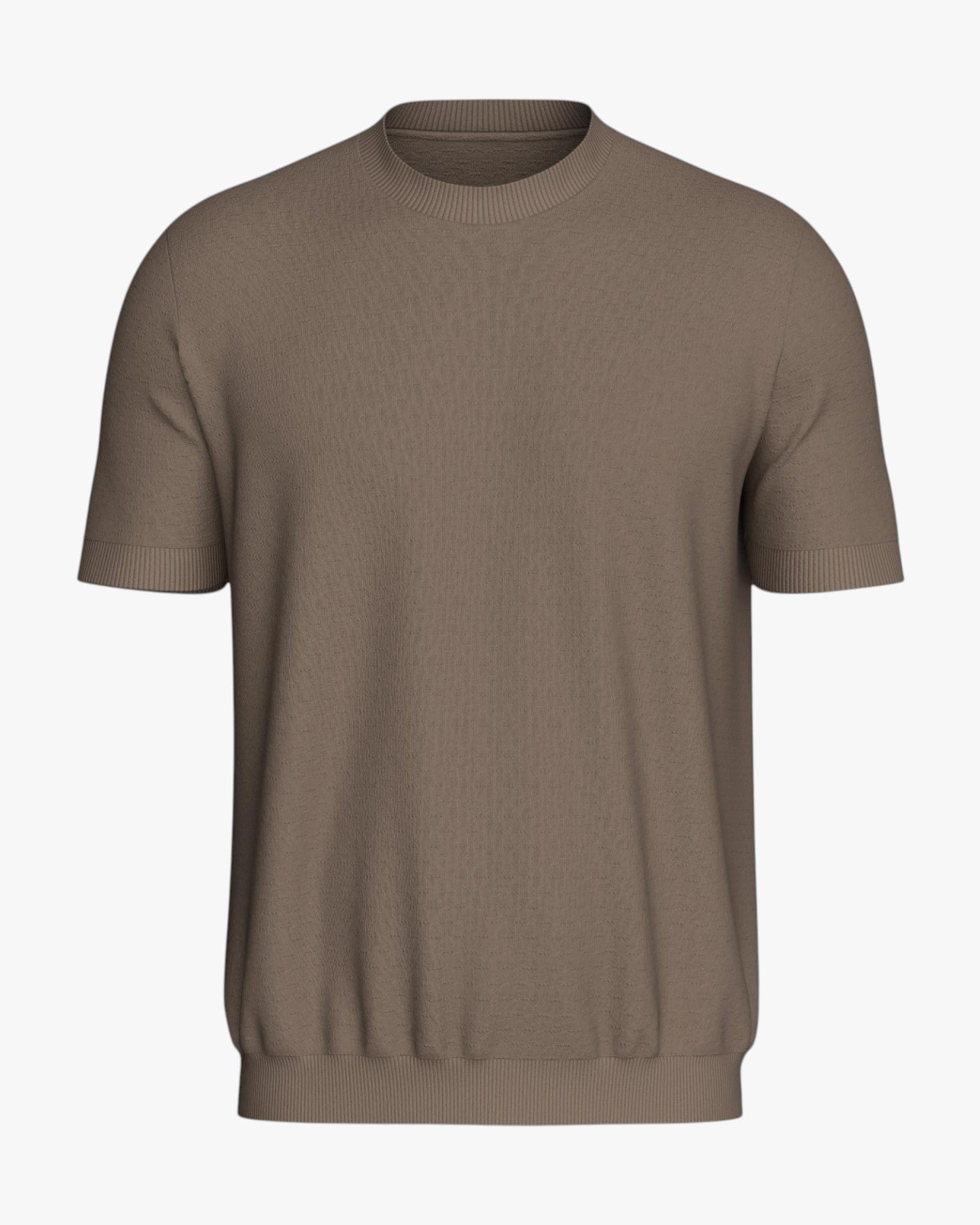 Maison Sarava taupe brown short sleeve knit top in Lyocell with crew neck and fine textured fabric.