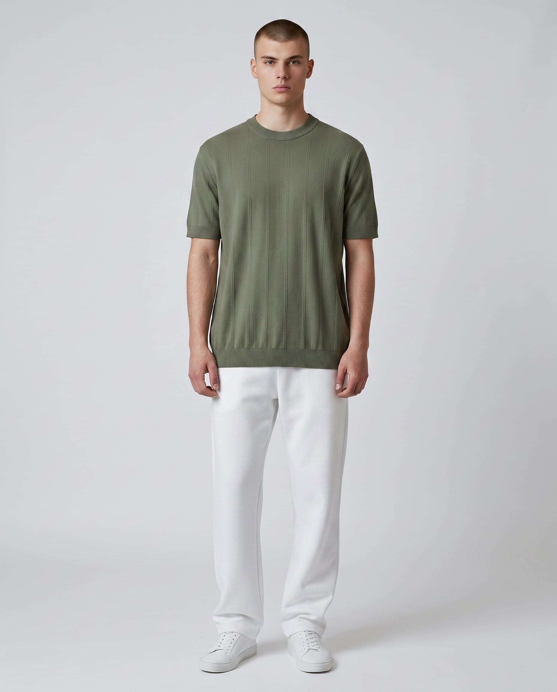 Maison Sarava men's short-sleeved t-shirt in olive green Lyocell with a subtle vertical stripe texture and crew neck.
