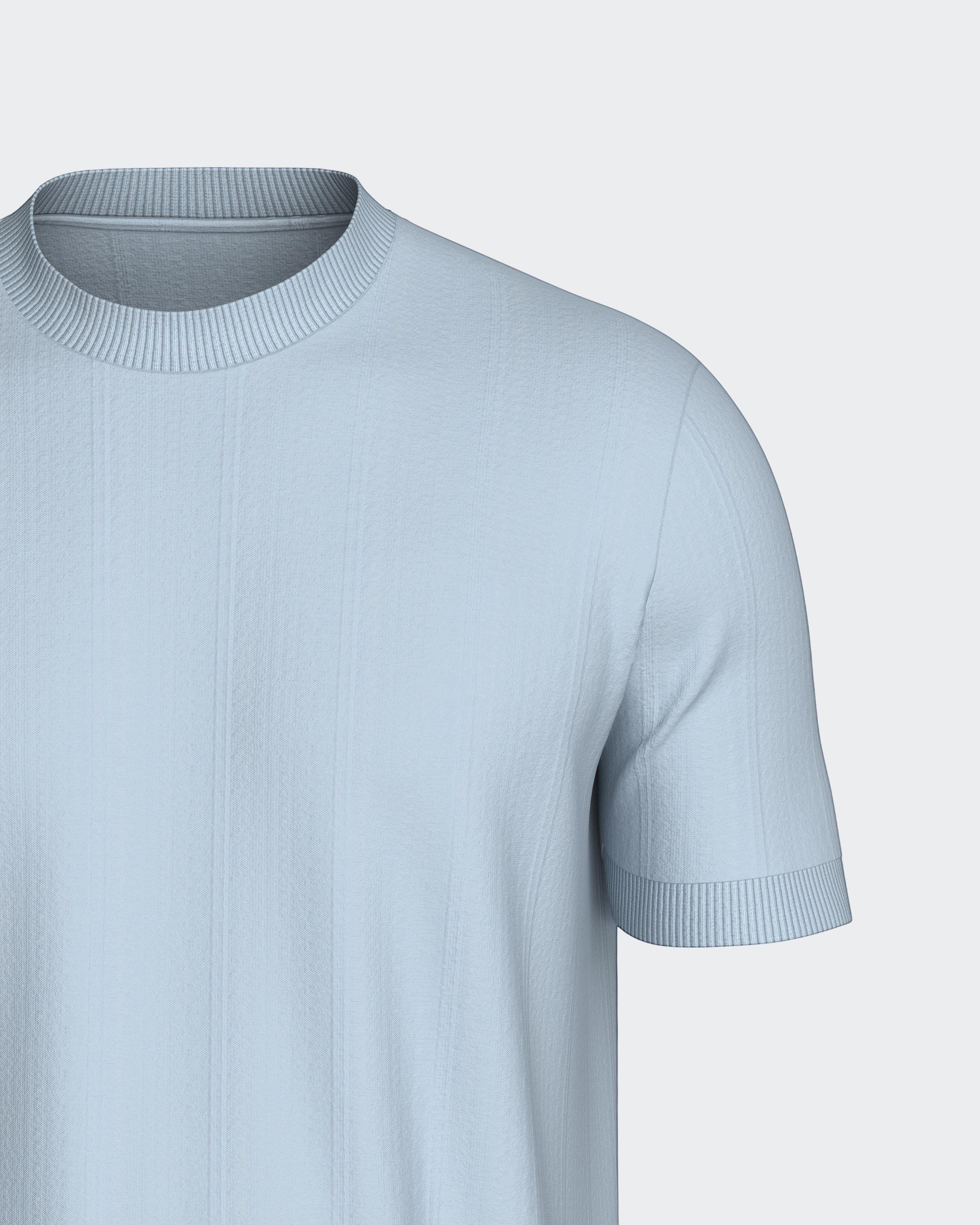 Maison Sarava light blue short sleeve t-shirt made from 100% Lyocell with a ribbed round neckline and subtle vertical texture.