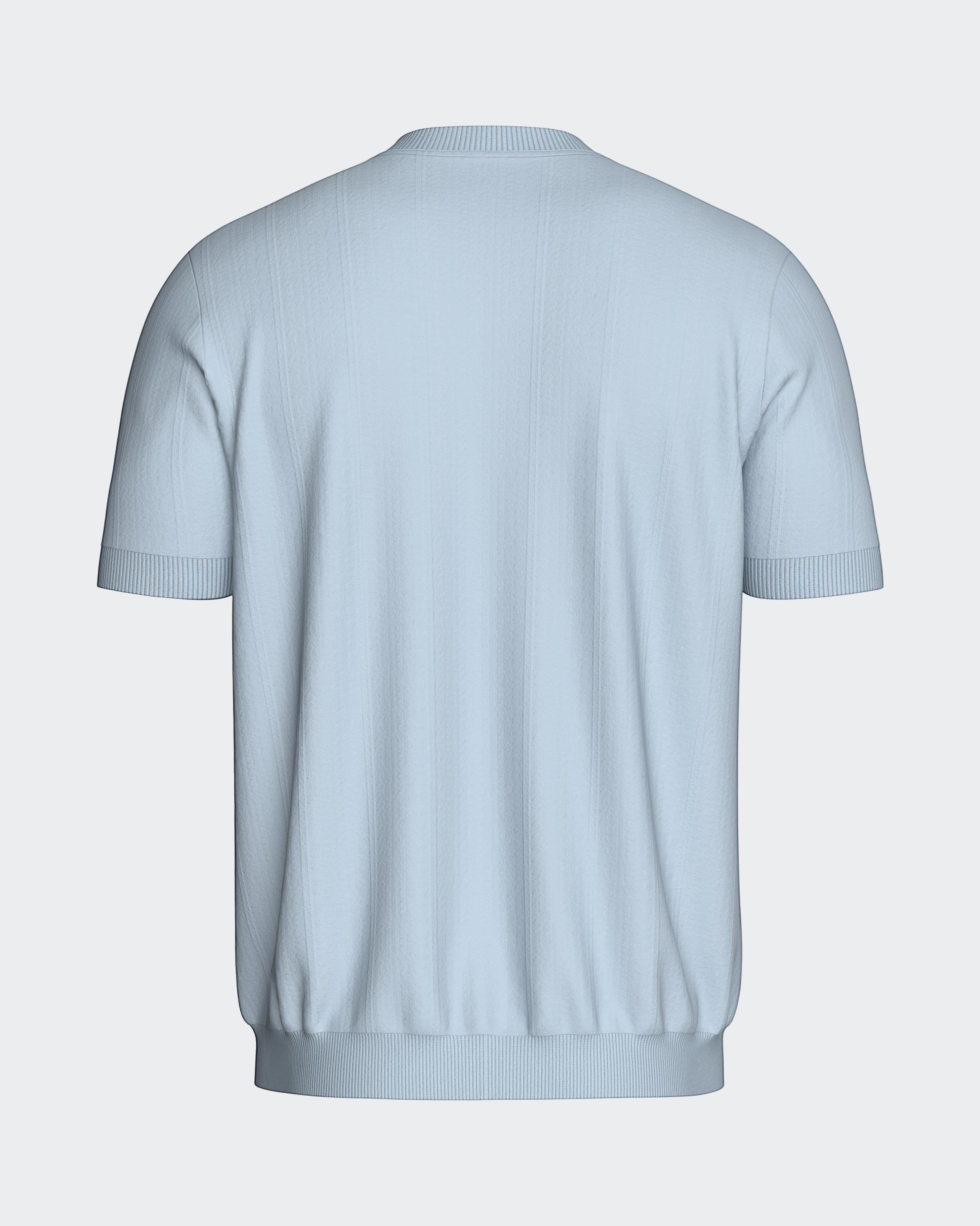 Maison Sarava light blue short sleeve Lyocell t-shirt with ribbed cuffs and hem, featuring a subtle vertical stripe texture.