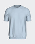 Maison Sarava light blue short-sleeved t-shirt in 100% Lyocell with a ribbed round neckline and subtle vertical stripe texture.
