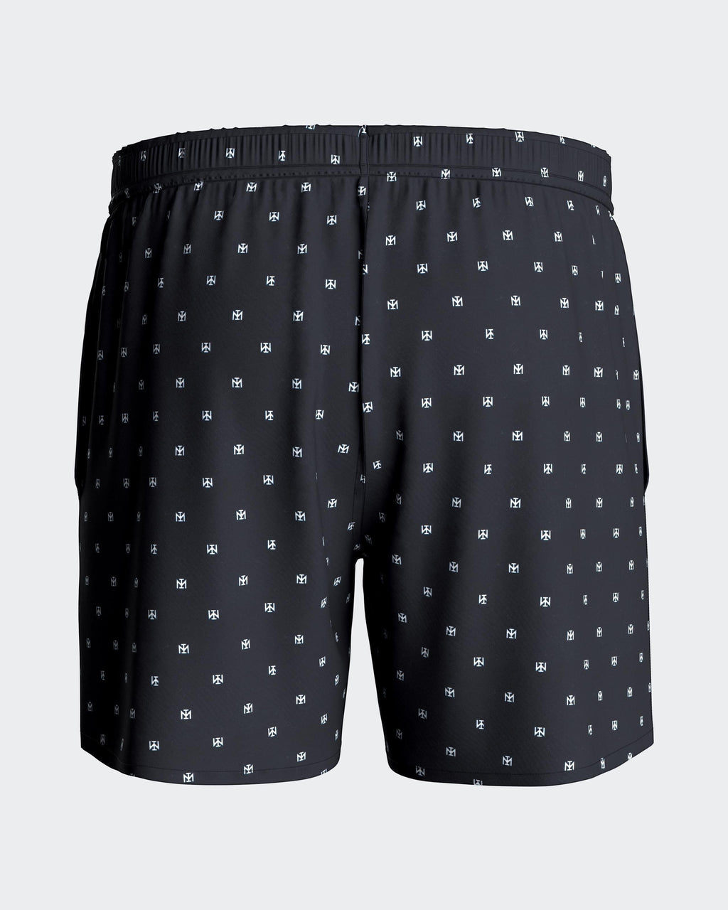 Maison Sarava men's black swim trunks with micro-pattern logo, elastic waistband, drawstring, side pockets, and inner mesh lining.