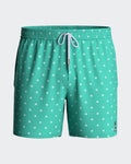 Maison Sarava men's teal swim trunks with white micro-pattern logo, drawstring waist, side pockets, and inner mesh lining.