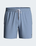 Maison Sarava blue and white striped men's swim shorts with drawstring and side pockets.