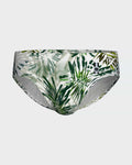 Maison Sarava tropical leaf print swim briefs in green and white. Form-fitting, quick-drying fabric.