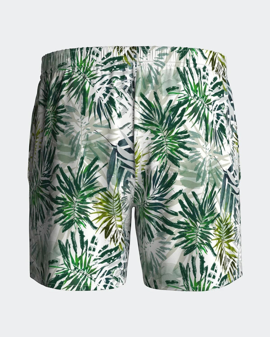 Maison Sarava men's white polyester beach shorts with green palm leaf print, elastic waist, and side pockets.