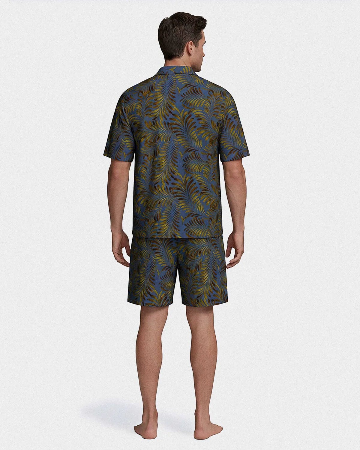 Maison Sarava men's blue lyocell lounge set with tropical print, short sleeves, lapel collar shirt and drawstring shorts.