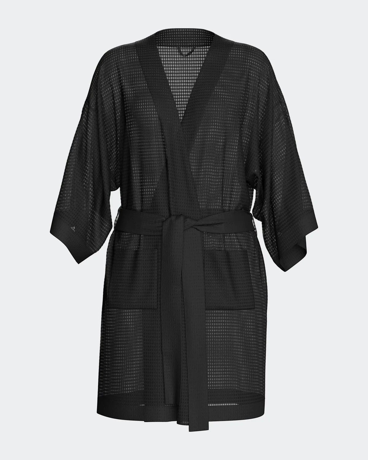 Maison Sarava black waffle knit kimono robe with wide sleeves, self-tie belt, and two side pockets.