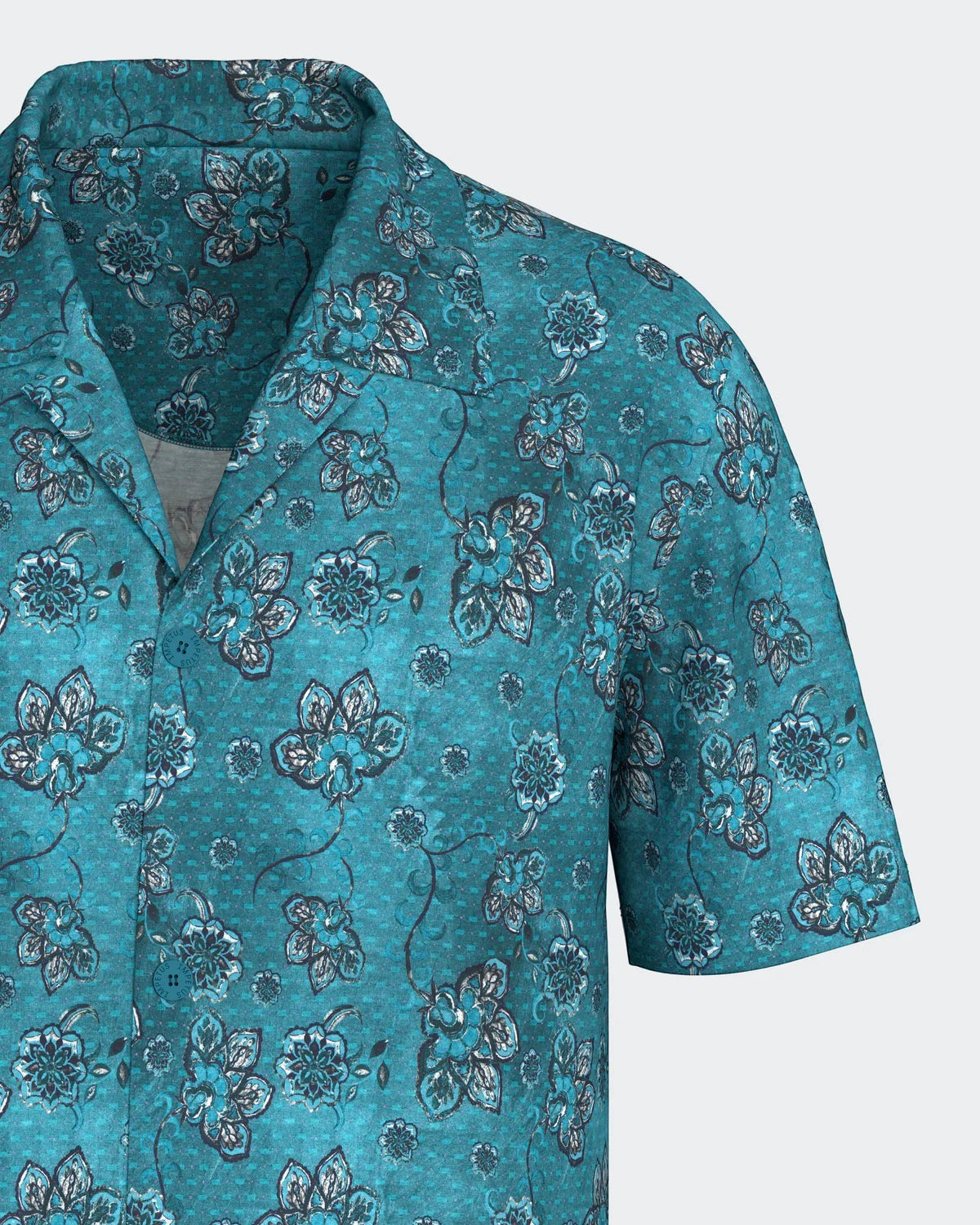Maison Sarava men's aqua green short-sleeved lounge shirt with lapel collar and floral print. Made from TENCEL™ Lyocell.