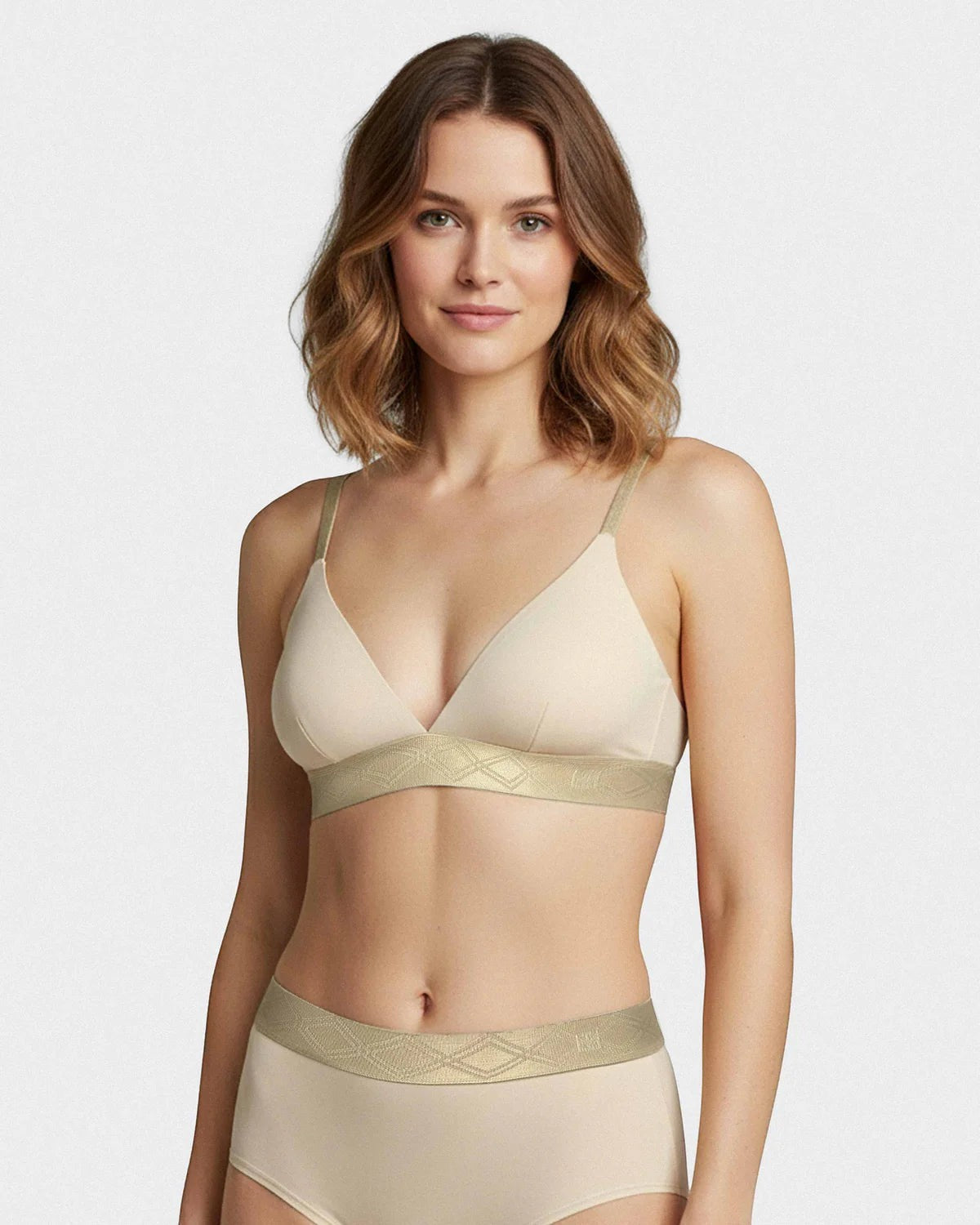 Maison Sarava beige Lyocell triangular bra with adjustable satin straps and a reinforced satin elasticated band with a geometric pattern.
