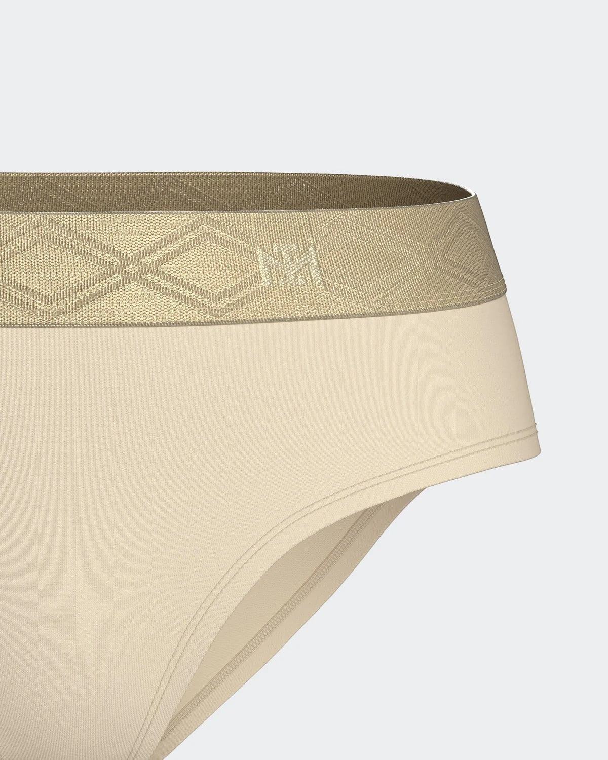 Maison Sarava women's brief underwear in beige Lyocell with a gold satin elasticated waistband featuring a geometric pattern.